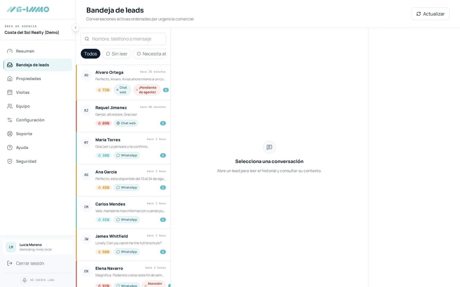 Bandeja de leads de NG-INMO con las conversaciones ordenadas por urgencia comercial