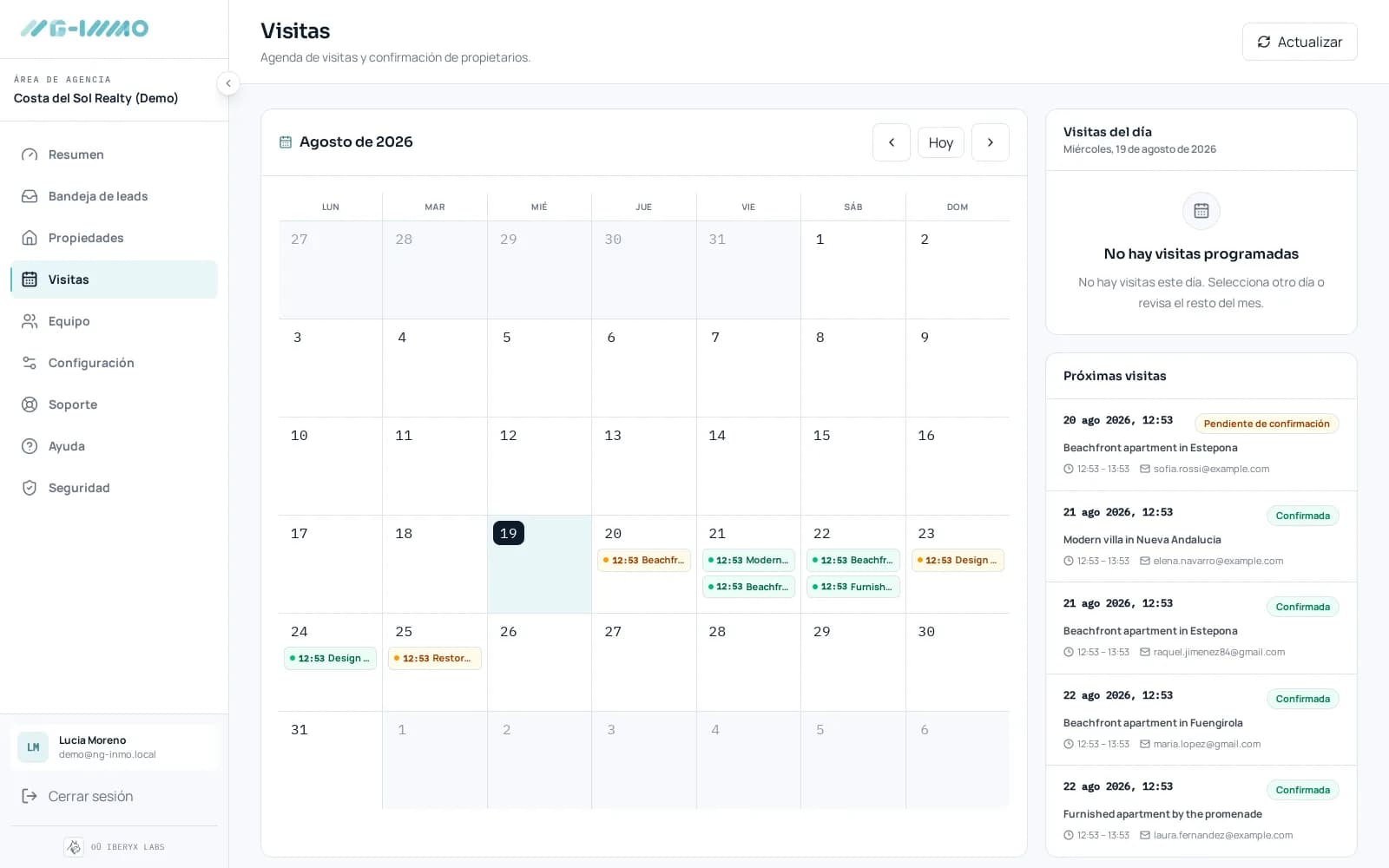 Agenda de visitas de NG-INMO con citas confirmadas automáticamente entre cliente y propietario
